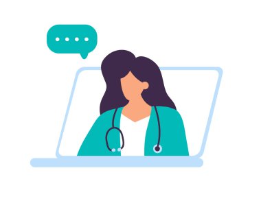Kadın karakter terapisti. Laptop 'ta doktor muayenesi. Hasta dosyalarıyla birlikte doktor ziyareti. Çizgi film İnsanları Düz Vektör İllüstrasyonu.