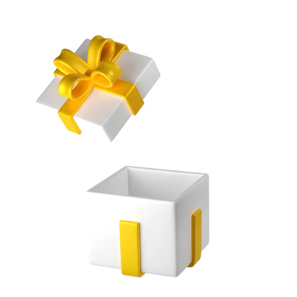 白い背景に金のリボン弓が付いている3D白い開いたクリスマスのギフト用の箱のアイコン 現代の休日をレンダリングする プレゼント 誕生日 結婚式のバナーのための現実的なアイコン — ストック写真