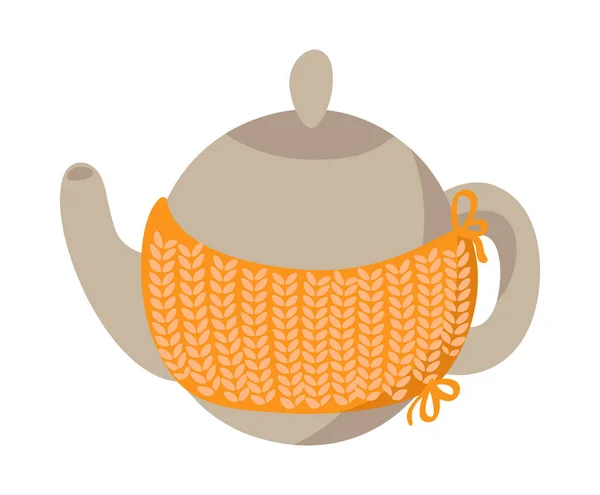 Gemütliche Teekanne Mit Handgestricktem Bezug Flache Vektorillustration Herbstliches Element Für — Stockvektor
