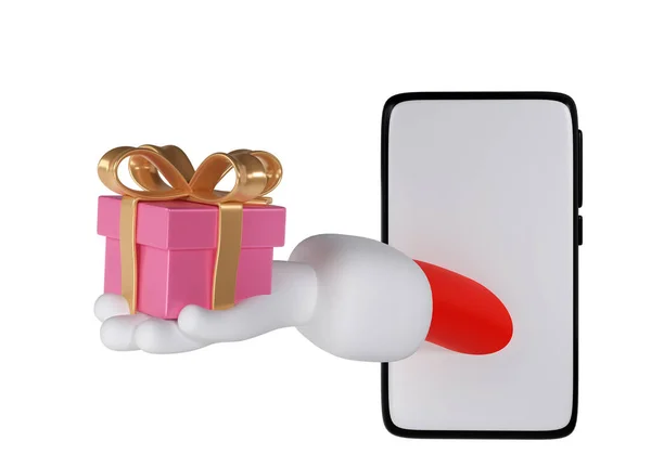 Рука Санта Клауса Розовой Подарочной Коробкой Смартфона Изолированы Белом Фоне — стоковое фото