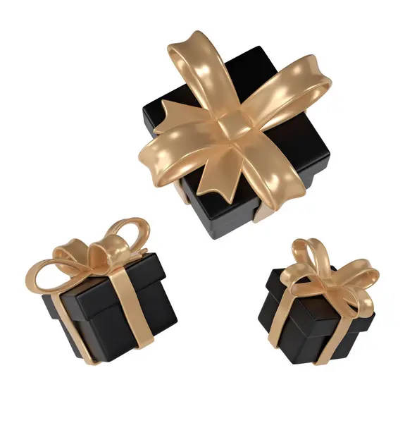 Μαύρο Παρασκευή Τρία Κουτιά Δώρο Εικονίδιο Χρυσή Κορδέλα Τόξο Λευκό — Φωτογραφία Αρχείου
