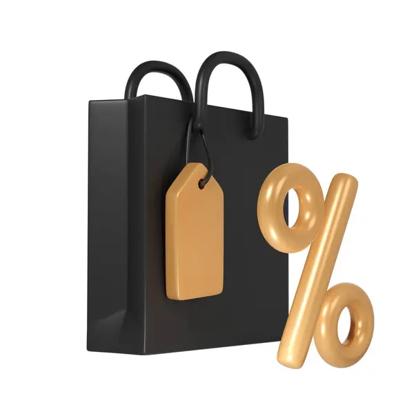 3Dレンダリングブラックフライデーイラスト モダンなダークショッピングバッグとゴールデンタグ パーセントがデザインをモックアップ 特別オファープロモーション ショップ広告 — ストック写真