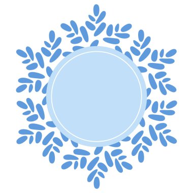 Yuvarlak Noel dekoratif kar tanesi çerçevesi boş mavi merkezli, tebrik kartı, davetiye, web tasarımı için dekore edilmiş..