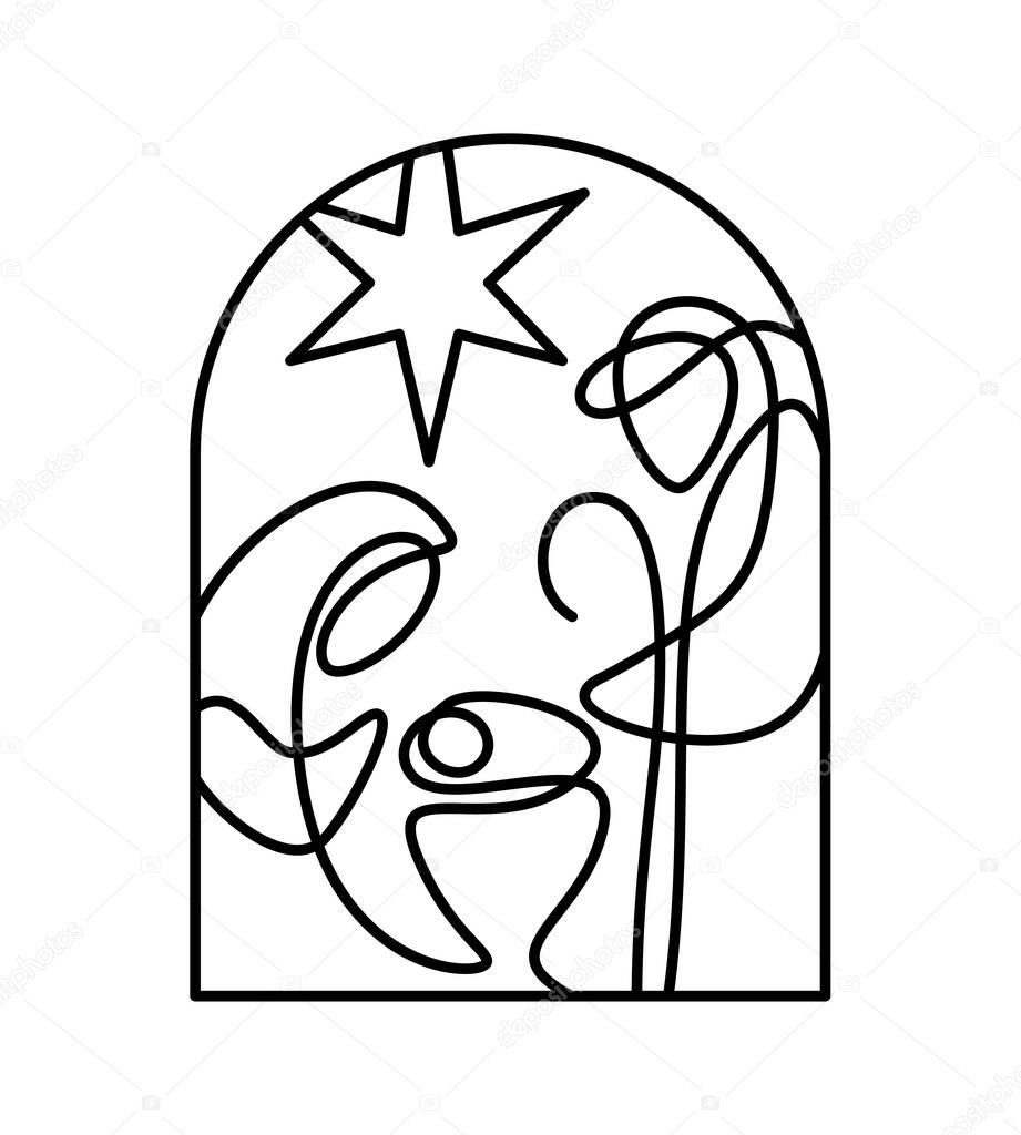 Baby Jesus with Mary and Joseph. Christmas Vector Christian icon religious Nativity Scene of Logo illustration sketch. Doodle hand drawn with black lines isolated on white background.