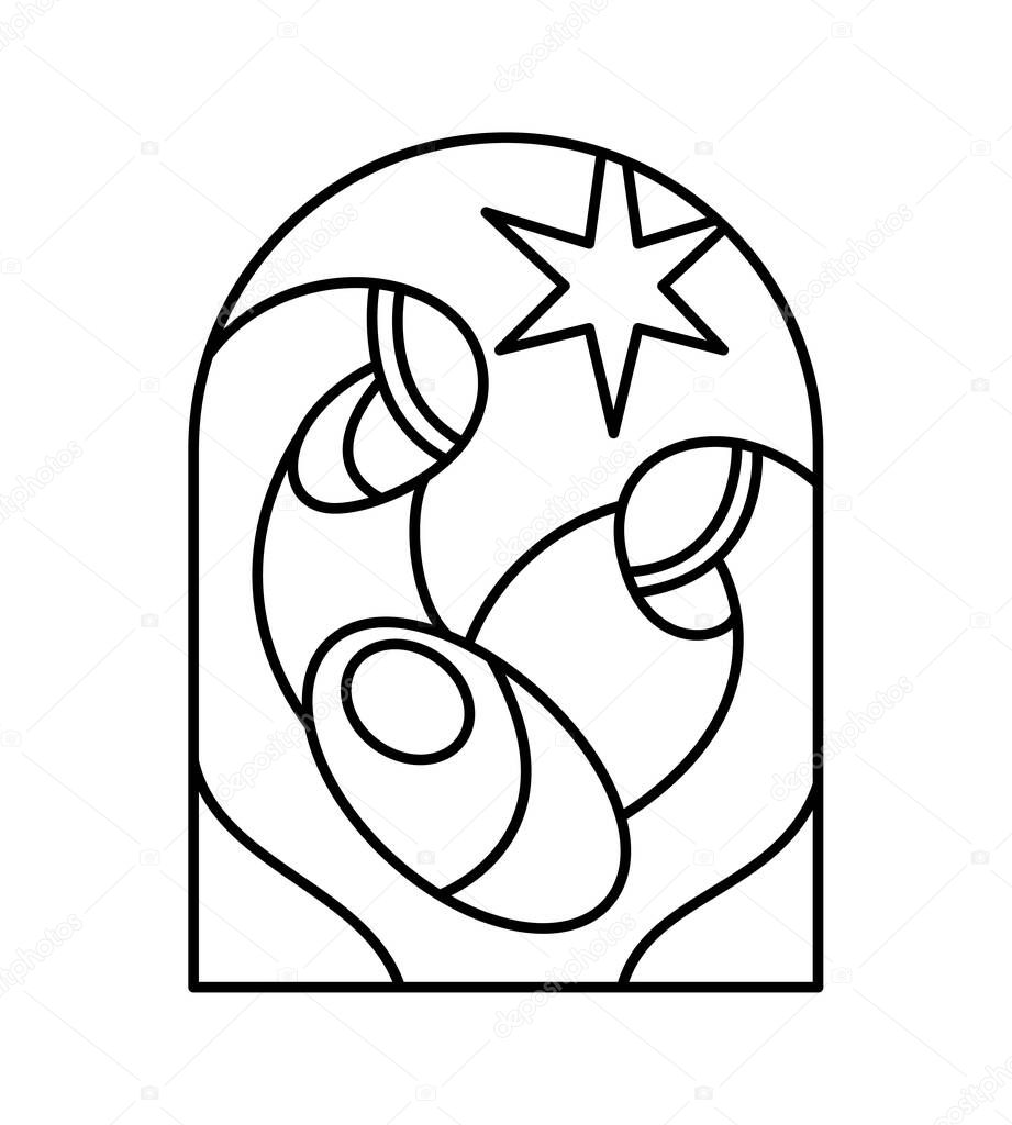 Christmas Vector Christian icon baby Jesus with Mary and Joseph with star. Religious Nativity Scene of Logo illustration sketch. Doodle hand drawn with black lines isolated on white background.