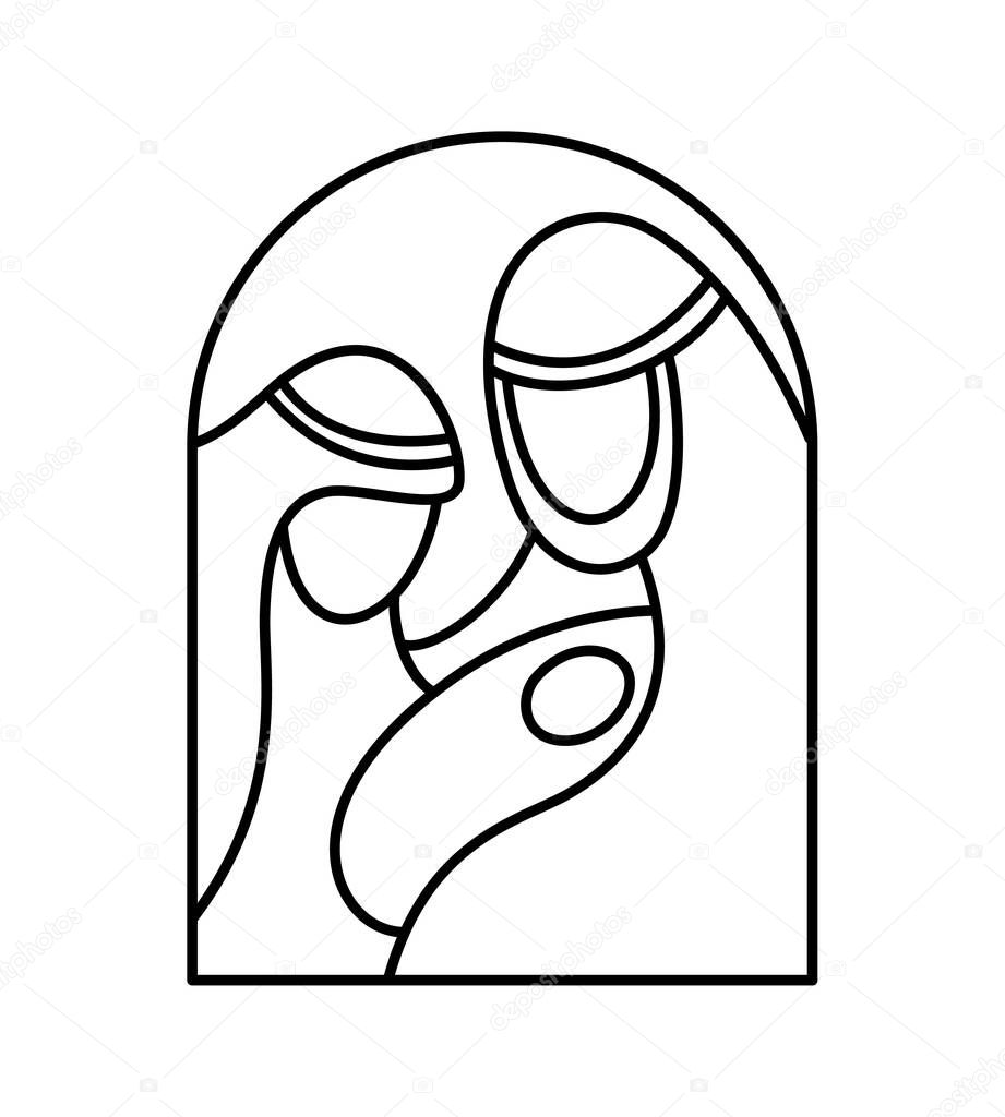 Baby Jesus with Mary and Joseph. Christmas Vector Christian icon religious Nativity Scene of Logo illustration sketch. Doodle hand drawn with black lines isolated on white background.