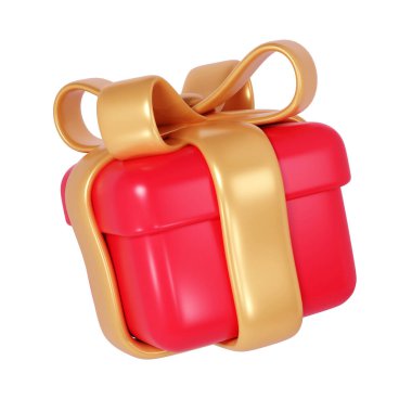 Beyaz arka planda altın kurdeleli 3D kırmızı Noel hediye kutusu ikonu. Yeni yılı modern tatil kıl. Şimdiki alışveriş afişi veya poster için gerçekçi simge.