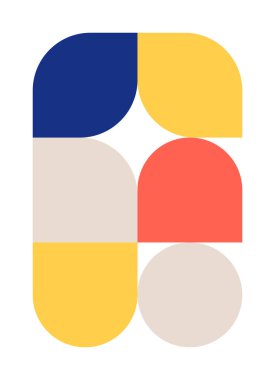 Moda desenli poster. Mavi, bej, sarı ve kırmızı renkte vektör geometrik şekiller. Basit soyut modern tasarım elementleri. Tebrik kartı ve web tasarımı için modaName.
