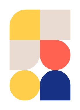 Moda desenli poster. Mavi, bej, sarı ve kırmızı renkte vektör geometrik şekiller. Basit soyut modern tasarım elementleri. Tebrik kartı ve web tasarımı için modaName.