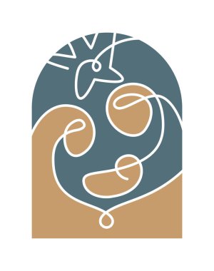 Renkli Noel Vektörü Hristiyan ikonu bebek İsa ile Mary ve Joseph başrolde. Logo 'nun Dini Doğum Sahnesi illüstrasyonu. Karalama el çizimi ağ, tebrik kartı, davetiye.