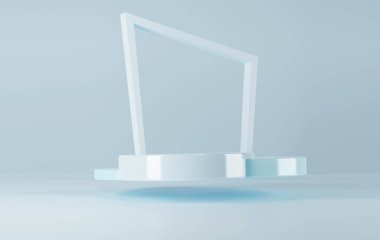 Minimalist yuvarlak podyum ve sahne 3d mavi rendelenmiş soyut afiş arkaplan kompozisyonu, illüstrasyon ürün gösterimi için geometri platformu şeklinin taklidi.
