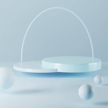 Minimalist yuvarlak podyum ve sahne 3d mavi rendelenmiş soyut afiş arkaplan kompozisyonu, illüstrasyon ürün gösterimi için geometri platformu şeklinin taklidi.