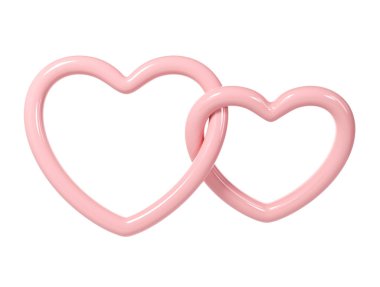 Beyaz arka planda üç boyutlu iki pembe kalp çerçevesi. Sevgililer Günü için uygun, Anneler Günü, Kadınlar Günü, düğün, çıkartma, tebrik kartı. 14 Şubat.