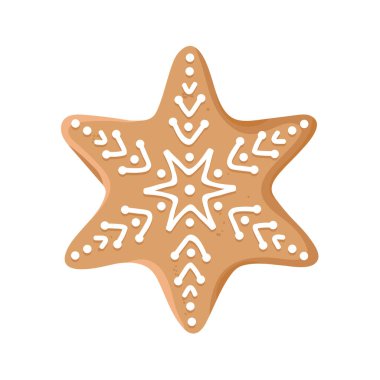 Beyaz arka planda izole edilmiş kremalı yıldız şeklinde Noel kurabiyesi. Şenlikli ev yapımı tatlı çöl. Vektör illüstrasyonu.