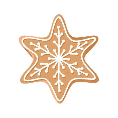 Beyaz arka planda izole edilmiş kremalı yıldız şeklinde Noel kurabiyesi. Şenlikli ev yapımı tatlı çöl. Vektör kış illüstrasyonu.