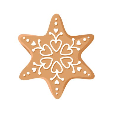 Beyaz arka planda izole edilmiş kremalı yıldız şeklinde Noel kurabiyesi. Şenlikli ev yapımı tatlı çöl. Vektör illüstrasyonu.