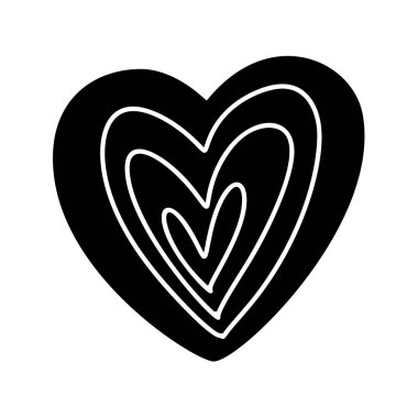 Beyaz çizgilerle çizilmiş siyah kalp aşkı. Vector Valentine logo ikonu çizimi. Tebrik kartı, düğün, kupa, fotoğraf örtüleri, tişört baskısı, broşür, poster tasarımı için dekor.