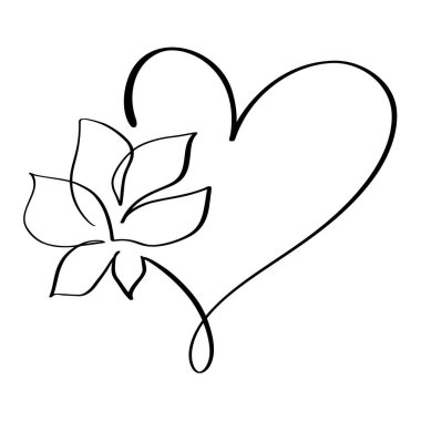 Çiçek vektör logolu el çizimi aşk kalbi bir sanat çizgisi illüstrasyonu. Siyah özet. Sevgililer Günü afişi, bahar posteri, tebrik kartı..