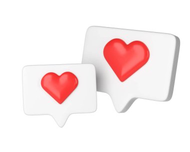 İki tane 3D sosyal medya çevrimiçi platform konsept ikonu, uygulama üzerinde sosyal iletişim. Kalbi ve aşk emojisi olan beyaz çerçeveler. Sevgililer Günü, Anneler Günü, Kadınlar, düğün, çıkartma, tebrik kartı