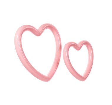 Beyaz arka planda üç boyutlu iki pembe kalp çerçevesi. Sevgililer Günü için uygun, Anneler Günü, Kadınlar Günü, düğün, çıkartma, tebrik kartı. 14 Şubat.