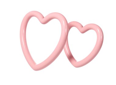 Beyaz arka planda üç boyutlu iki pembe kalp çerçevesi. Sevgililer Günü için uygun, Anneler Günü, Kadınlar Günü, düğün, çıkartma, tebrik kartı. 14 Şubat.