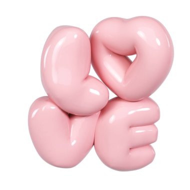 Love 3d realistic pink text balloon on white background for happy valentines day, women day holiday, dating invitation, wedding or marriage greeting card design. romantic flying.