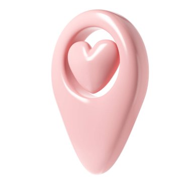 Harita göstergesi 3D iğne simgesi. Pembe jeotag konum noktası kalp, favori sembol aşk. Web, uygulamalar, bilgi grafikleri için illüstrasyon.