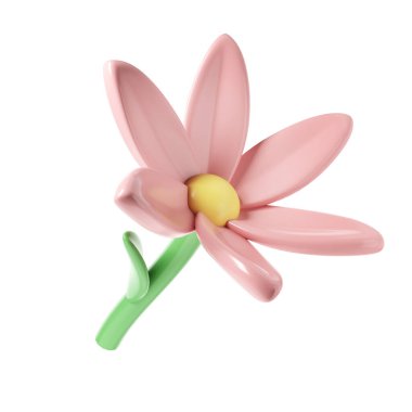 Beyaz arka planda 3 boyutlu pembe bahar çiçeği. Yapraklar ve tomurcuk da dahil. Web ve tebrik kartı için grafiksel sevimli element tasarımı.