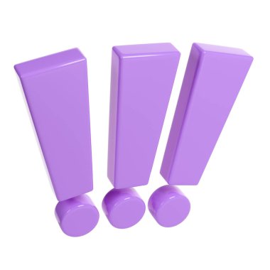 Üç ünlem işareti eflatun rengi. Mutlu sevgililer günü, düğün, tebrik kartı ya da tehlike için beyaz zemin üzerinde gerçekçi 3D balon, aksan tasarımını durdur.