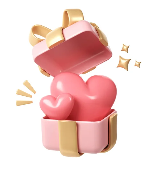 Twee Rode Harten Roze Geschenkdoos Cartoon Stijl Voor Decoratie Liefde — Stockfoto