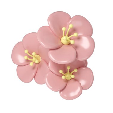 3D pastel pembe köşeli kiraz çiçekleri, botanik bahar düzenlemesi, çiçek tokası sanatı, buket dekoru çizimi.