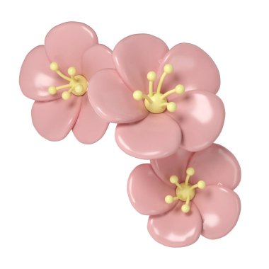 3D pastel pembe köşeli kiraz çiçekleri, botanik bahar düzenlemesi, çiçek tokası sanatı, buket dekoru çizimi.