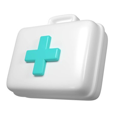 Turkuaz haç ikonlu üç boyutlu ilk yardım kutusu. Sağlık endüstrisi malzemeleri ve uyuşturucular.