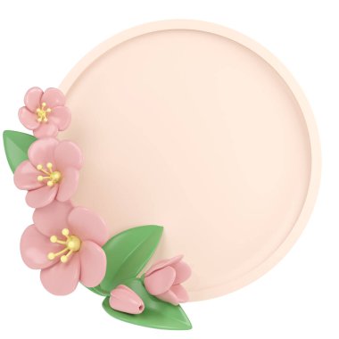 3D pastel pembe köşeli, yuvarlak çerçeveli kiraz çiçekleri, botanik bahar düzenlemesi, çiçek tokası sanatı, buket element dekoru çizimi.