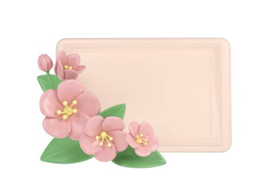 3d pastel pembe köşeli dikdörtgen çerçeveli kiraz çiçekleri, botanik bahar düzenlemesi, çiçek tokası sanatı, buket element dekoru çizimi.