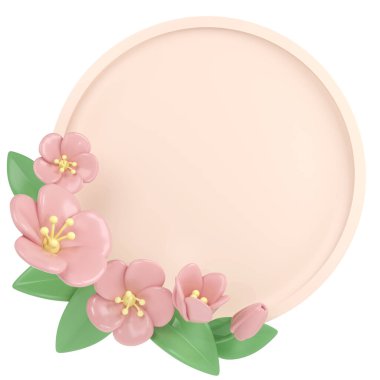 3D pastel pembe köşeli, yuvarlak çerçeveli kiraz çiçekleri, botanik bahar düzenlemesi, çiçek tokası sanatı, buket element dekoru çizimi.