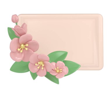 3d pastel pembe köşeli dikdörtgen çerçeveli kiraz çiçekleri, botanik bahar düzenlemesi, çiçek tokası sanatı, buket element dekoru çizimi.
