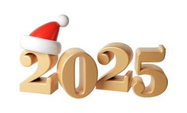 3D Mutlu Yıllar 2025 Altın Sayılar. Kırmızı şapkalı Noel Baba 'nın çizdiği semboller. Noel süsü. Parti Xmas Poster afişi, kapak kartı, broşür, broşür, tasarım.