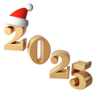 3D Mutlu Yıllar 2025 Altın Sayılar. Kırmızı şapkalı Noel Baba 'nın çizdiği semboller. Noel süsü. Parti Xmas Poster afişi, kapak kartı, broşür, broşür, tasarım.