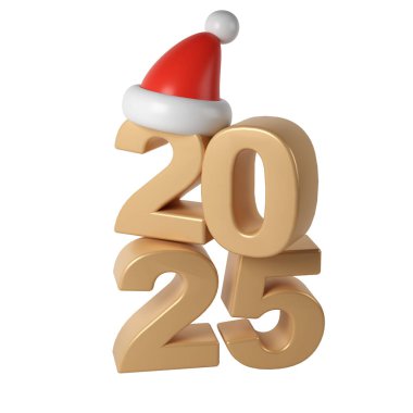 3D Mutlu Yıllar 2025 Altın Sayılar. Kırmızı şapkalı Noel Baba 'nın çizdiği semboller. Noel süsü. Parti Xmas Poster afişi, kapak kartı, broşür, broşür, tasarım.