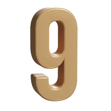 3D numara 9 altın ya da bronz renkli tipografi sembolü ya da işaret şablonu, gerçekçi illüstrasyon. Numaralandırma için altının dokuzuncu rakamı veya şekli.
