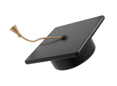 3D dereceli siyah şapkalı. Okul ikonu. Kaptan havalandı. Mezuniyet ya da üniversite unsuru. Eğitim, eğitim, bilgi kavramı çizgi film illüstrasyonu.