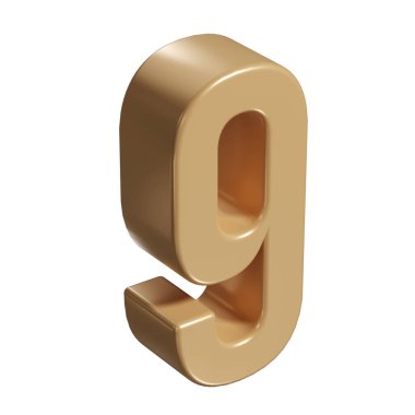 3D numara 9 altın ya da bronz renkli tipografi sembolü ya da işaret şablonu, gerçekçi illüstrasyon. Numaralandırma için altının dokuzuncu rakamı veya şekli.