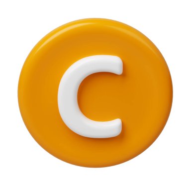 3 boyutlu C vitamini kapsülü turuncu altın ikon. Güzellik besin derisi hapları. Ürün tasarımı için mineral kompleksi. Tıbbi ve bilimsel kavramlar. İzole edilmiş beyaz arkaplan.