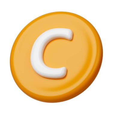 3 boyutlu C vitamini kapsülü turuncu altın ikon. Güzellik besin derisi hapları. Ürün tasarımı için mineral kompleksi. Tıbbi ve bilimsel kavramlar. İzole edilmiş beyaz arkaplan.