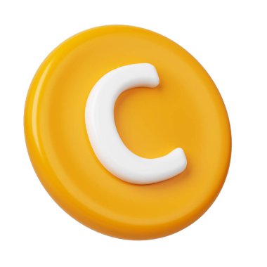 3 boyutlu C vitamini kapsülü turuncu altın ikon. Güzellik besin derisi hapları. Ürün tasarımı için mineral kompleksi. Tıbbi ve bilimsel kavramlar. İzole edilmiş beyaz arkaplan.