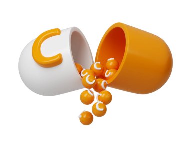 C vitamini portakalı kapsül 3D ikon. Moleküler formdaki mineraller kompleksi. Eczane reklamı için diyet takviyesi. Bilim doktoru konsepti. İzole edilmiş beyaz arkaplan