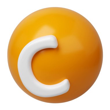 3 boyutlu C vitamini yuvarlak kapsül turuncu altın ikon. Güzellik besin cildi. Ürün tasarımı için karmaşık. Tıbbi ve bilimsel kavram. İzole edilmiş beyaz arkaplan.