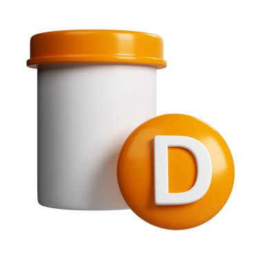 3D vitamin tüpü modeli ve turuncu haplar eczane ikonu. Bilim ve güzellik eczanesi için beyaz arka planda izole edilmiş kozmetik konsept..