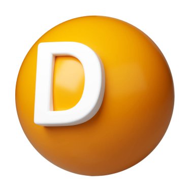 3 boyutlu D vitamini kapsülü turuncu altın eczane ikonu. Güzellik besin derisi hapları. Ürün tasarımı için mineral kompleksi. Tıbbi ve bilimsel kavramlar. İzole edilmiş beyaz arkaplan.